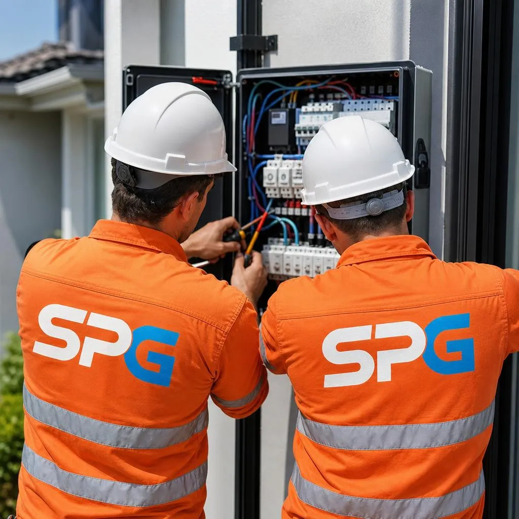 Sydney Power Group Level 2 ASP electricians in high-visibility SPG-branded shirts working on a switchboard and smart meter at a Sydney home
