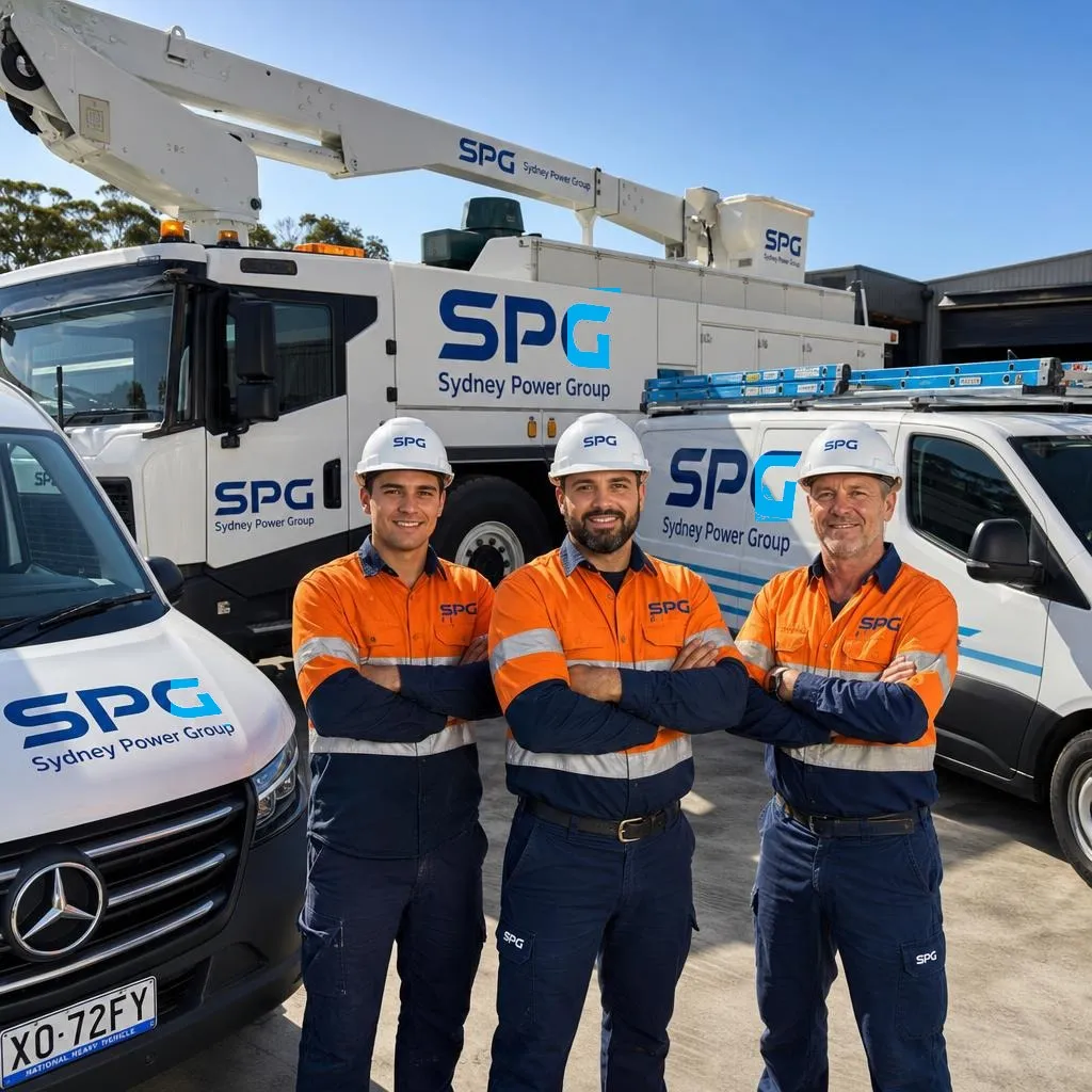 Sydney Power Group team of Level 2 electricians in high-visibility uniforms in front of bucket trucks and work vans